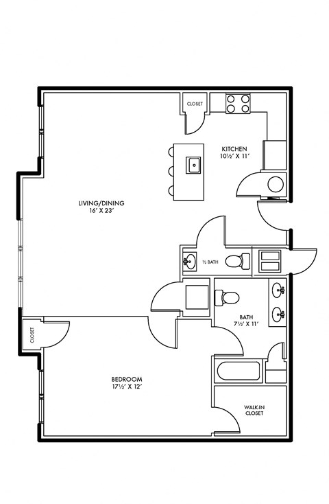Floor plan for 1 bed, 1.5 baths, 983 sqft
